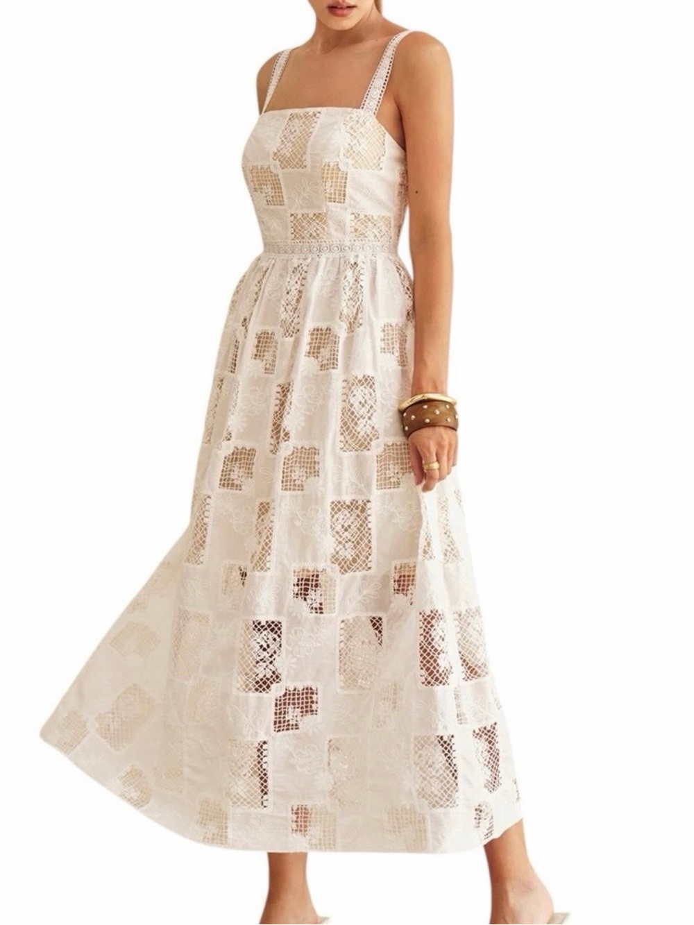 Commense White Cotton Patchwork Lace Embroidered Maxi Dress XS NWT